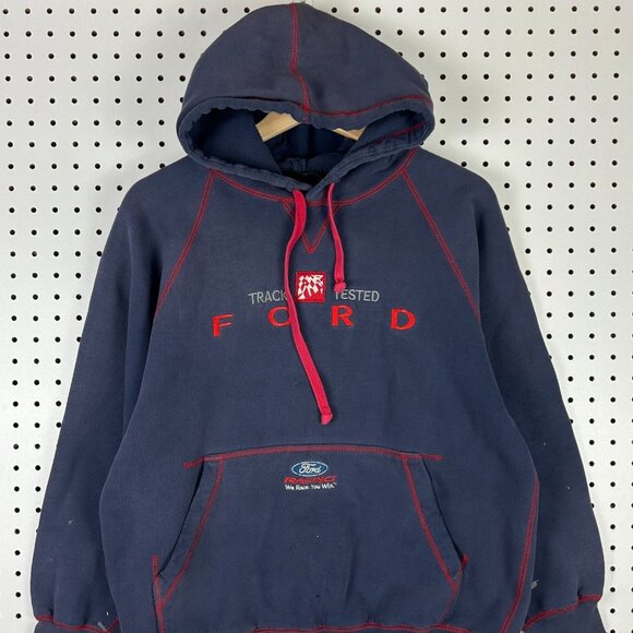 Ford Racing Hoodie Medium Vtg Worn Y2K Faded Track Tested Sweatshirt Blue Red - Picture 2 of 7